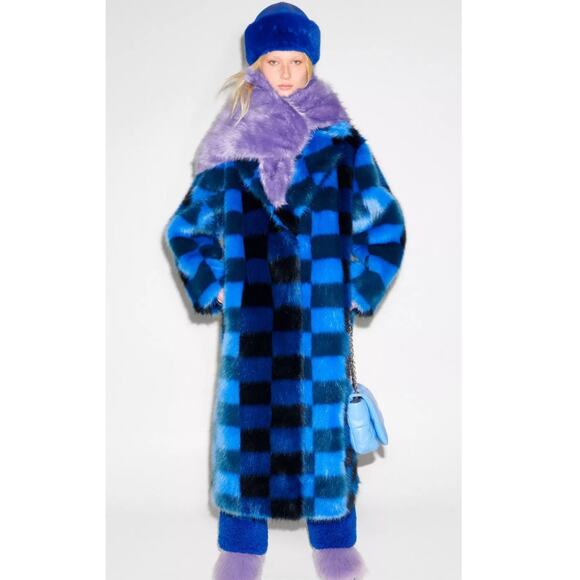 STAND STUDIO Women's Mio Blue Black Checkered Faux Fur Trench Coat Size XS - Picture 7 of 7